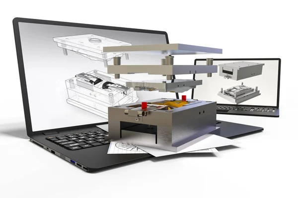 CAD geliştirme sürecini temsil eden 3B görüntüleme kalıbı, levha metali veya parçayı, montajı