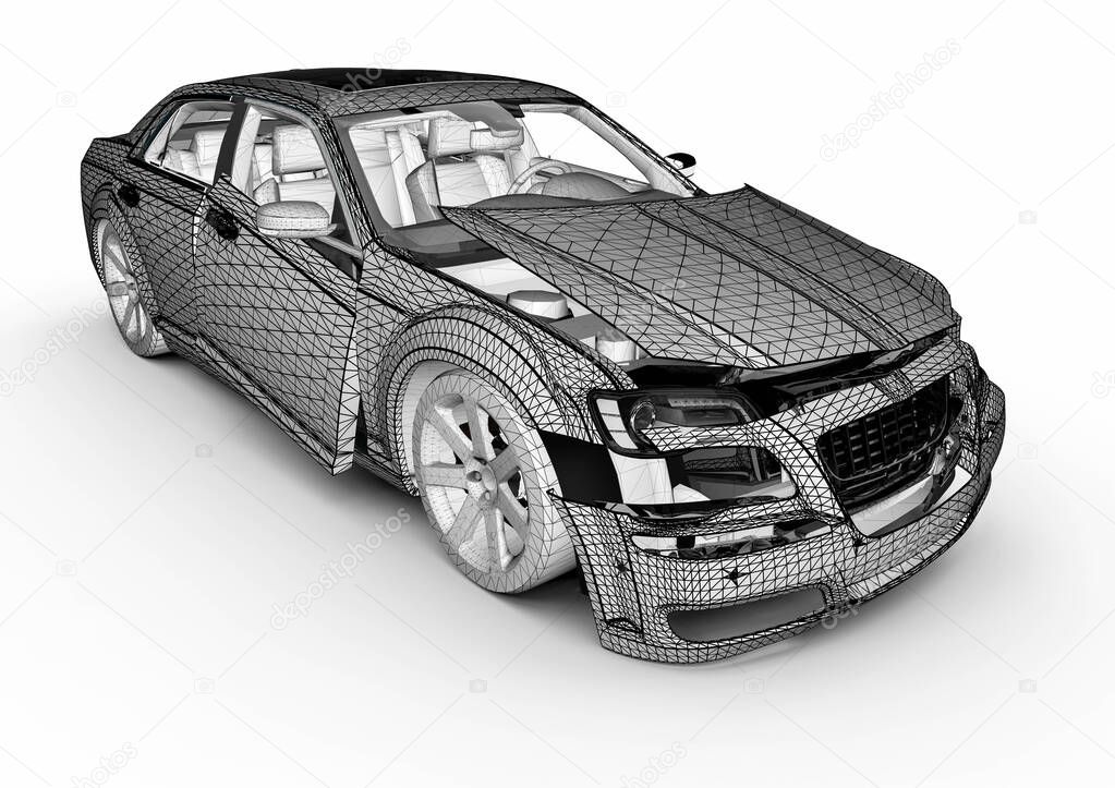 3D render image representing an wrecked car 