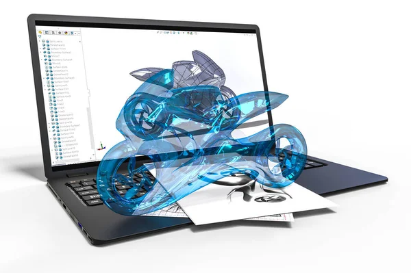 Bir bilgisayar yazılımı yardımıyla motosiklet gelişimini temsil eden 3B görüntüleme