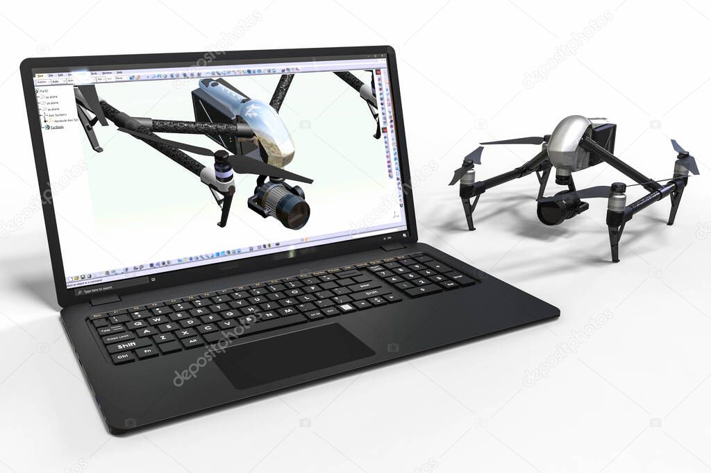 3D render image representing computer aided design of a drone 