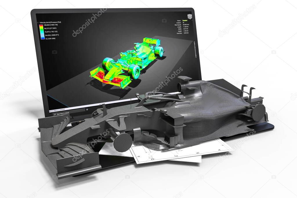 3D render image representing computer aided design of a race car