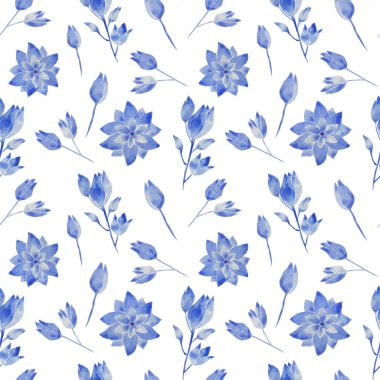 dikişsiz suluboya desen, mavi tonlarda çiçek ve tomurcukların Botanik çizimi