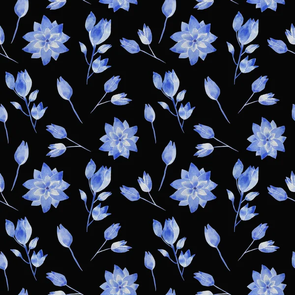 Безшовний Акварельний Візерунок Ботанічна Ілюстрація Квітів Бутонів Синіх Відтінках Чорному — стокове фото