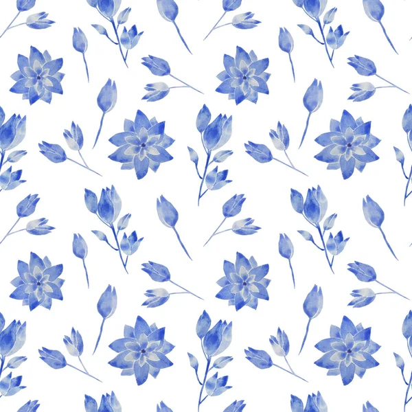 Безшовний Акварельний Візерунок Ботанічна Ілюстрація Квітів Бутонів Блакитних Відтінках — стокове фото