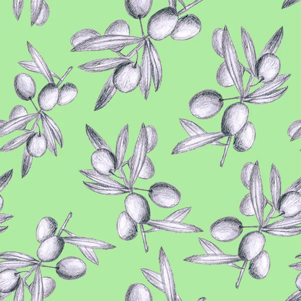 Ботанічний Безшовний Візерунок Оливкові Гілки Намальовані Олівцем — стокове фото