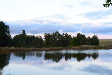 Gökyüzü ve ağaçlar suya yansıyor.