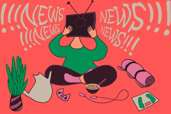Lies on television. Fake news. Girl sitting at home and emotionally watching news. Human shocked. Illustration in odd body cartoon style with warm colors and fat cat