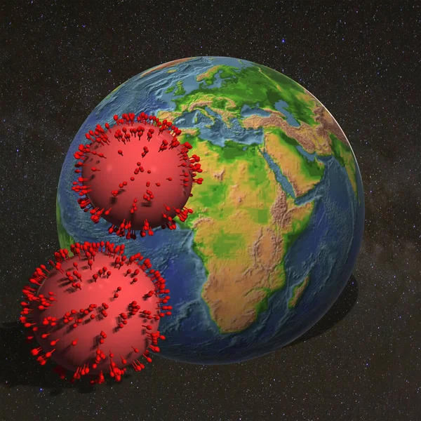 3D Earth model with red coronavirus virus models against  Milky Way Galaxy with copy space.