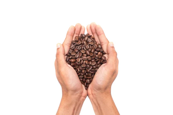 Människans Hand Håller Kaffebönor Isolerade Över Vit Bakgrund View Från — Stockfoto