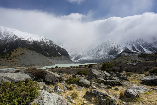 Hooker Lake Located Hooker Valley Hiking Trail Mount Cook New — Stock Photo, Image