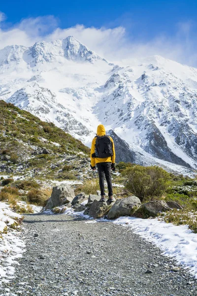 A man hiking in snow mountain.Hiking the Hooker Valley track in Mount Cook,New Zealand.View from behind.