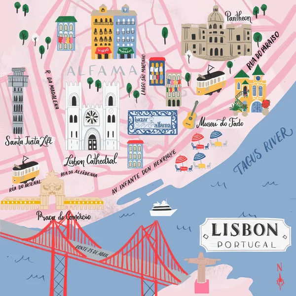 Illustrativ karta över Lissabon, Portugal — Stockfoto