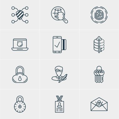 12 veri simgeler vektör Illustration. Düzenlenebilir paketi veri güvenliğinin korunması, parmak tanımlayıcı ve diğer öğeleri.