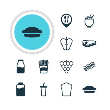 12 yeme simgeler vektör Illustration. Jambon, Cruet, patates ve diğer öğeleri düzenlenebilir paketi.