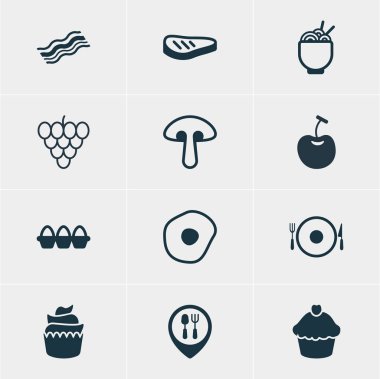 12 pişirme simgeler vektör Illustration. Restoran, makarna, yumurta konteyner ve diğer öğeleri düzenlenebilir paketi.