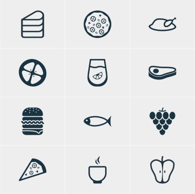 12 gıda simgeler vektör Illustration. Deniz ürünleri, Jonagold, biftek ve diğer öğeleri düzenlenebilir paketi.