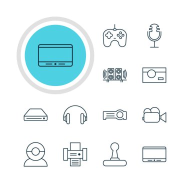 12 donanım simgeler vektör Illustration. Fotokopi makinesi, ışıldak, oyun kumandası ve diğer öğeleri düzenlenebilir paketi.