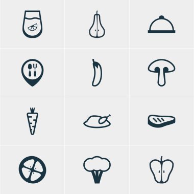 12 yeme simgeler vektör Illustration. Aşk elması, Jonagold, sebze ve diğer öğeleri düzenlenebilir paketi.