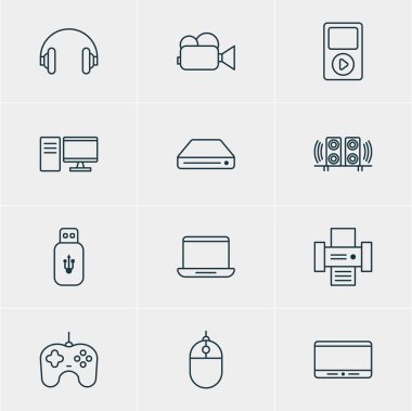 12 Aksesuar simgeler vektör Illustration. Hoparlör, Joypad, ortam denetleyicisi ve diğer öğeleri düzenlenebilir paketi.