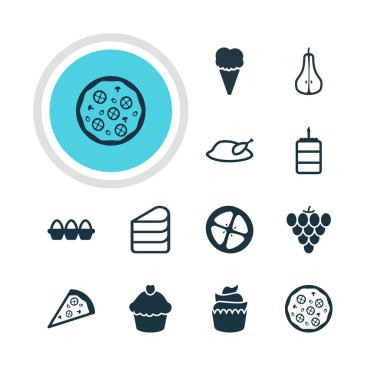 12 mutfağı simgeler vektör Illustration. Bağ, Düşes, pizzacı ve diğer öğeleri düzenlenebilir paketi.