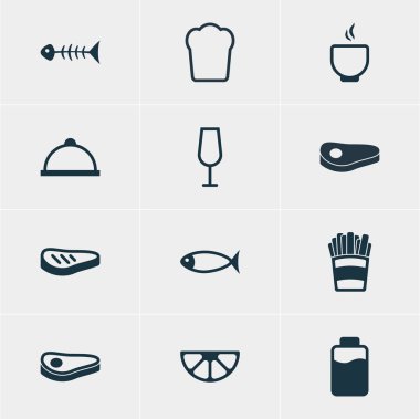 12 yeme simgeler vektör Illustration. Kadehi, patates, kireç ve diğer öğeleri düzenlenebilir paketi.
