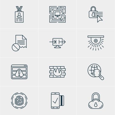 12 gizlilik simgeler vektör Illustration. Hesap verileri, gizlilik seçenekleri, ağ koruması ve diğer öğeleri düzenlenebilir sürüsü.