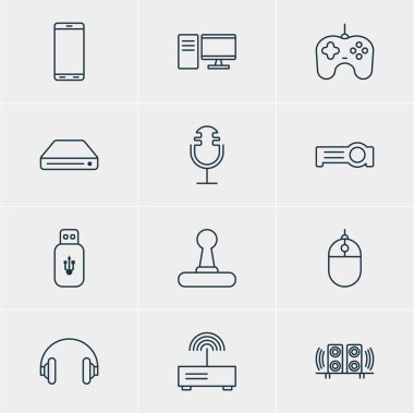 12 teknoloji simgeler vektör Illustration. Bellek depolama, Modem, Joypad ve diğer öğeleri düzenlenebilir paketi.