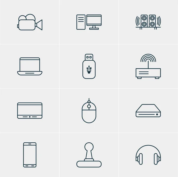 Vektorillustration av 12 Gadget ikoner. Redigerbara Pack USB-kort, Smartphone, högtalare och andra element. — Stock vektor