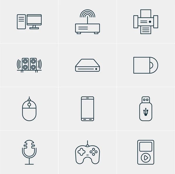 Illustration vectorielle de 12 icônes matérielles. Pack modifiable de haut-parleur, Smartphone, lecteur DVD et autres éléments . — Image vectorielle