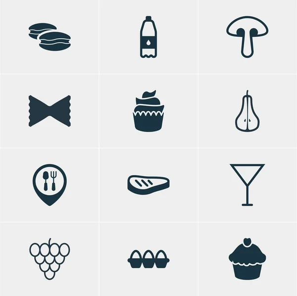 Ilustración vectorial de 12 iconos de la cocina. Paquete editable de hongos, farfalle, botella de bebida y otros elementos . — Archivo Imágenes Vectoriales