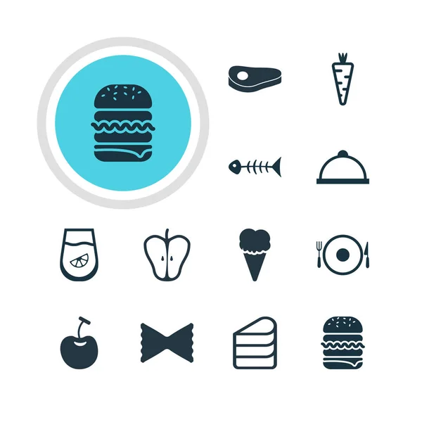 Vektorillustration von 12 Nahrungsmittelsymbolen. editierbare Packung mit Gemüse, Jonagold, Sandwich-Elementen. — Stockvektor