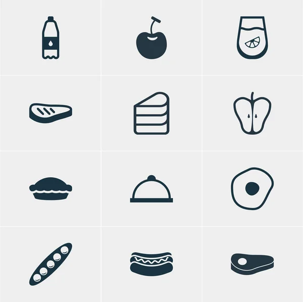 Vektorillustration av 12 maträtt ikoner. Redigerbara Pack av Berry typ, dricka flaska, ryggbiff och andra element. — Stock vektor