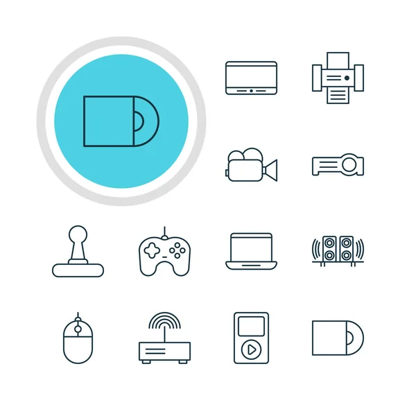 Illustration vectorielle de 12 icônes Gadget. Pack modifiable de modem, projecteur, contrôleur de médias et autres éléments . — Image vectorielle