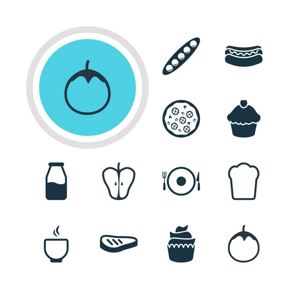 Vektorillustration von 12 Nahrungsmittelsymbolen. essbare Packung Streetfood, Bohnen, Roastbeef und andere Elemente. — Stockvektor