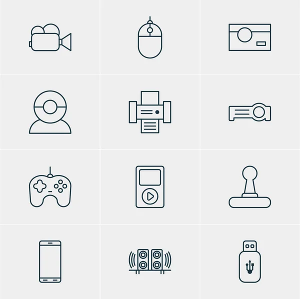 Illustration vectorielle de 12 icônes d'appareils. Pack modifiable de contrôleur de jeu, projecteur, contrôleur de médias et autres éléments . — Image vectorielle