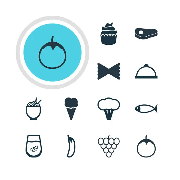 Ilustración vectorial de 12 iconos de la comida. Paquete editable de Sundae, berenjena, solomillo y otros elementos . — Archivo Imágenes Vectoriales