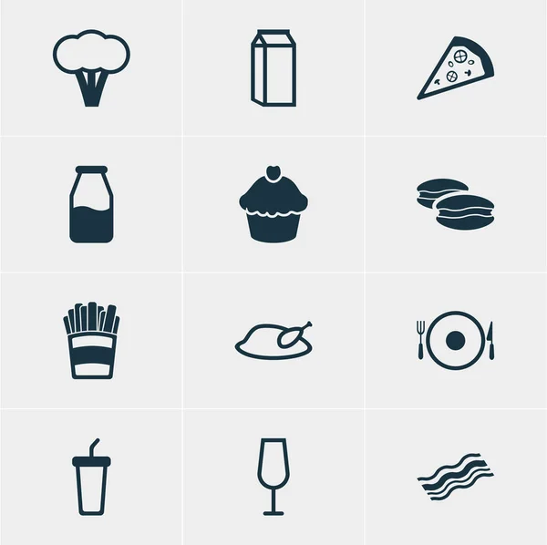 Ilustración vectorial de 12 iconos de la alimentación. Paquete editable de pizzería, leche, galletas y otros elementos . — Archivo Imágenes Vectoriales