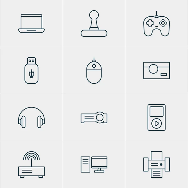 Ilustracja wektorowa 12 ikon gadżet. Edytowalne Pack kontrolera gier, Fotografia, słuchawki i inne elementy. — Wektor stockowy