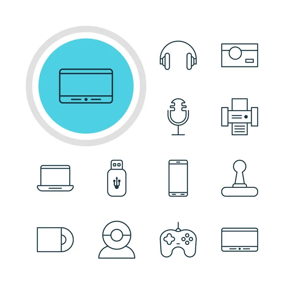 Ilustración vectorial de 12 iconos de la tecnología. Paquete editable de monitor, Smartphone, controlador de juegos y otros elementos . — Vector de stock