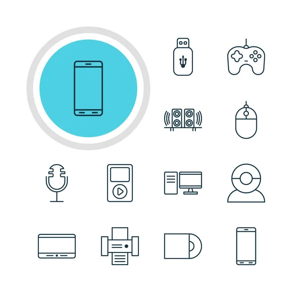 Illustration vectorielle de 12 icônes d'appareils. Pack modifiable de carte USB, contrôleur de médias, PC et autres éléments . — Image vectorielle