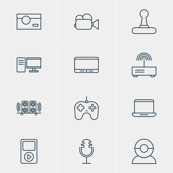 Ilustração vetorial de 12 ícones acessórios. Pacote editável de Joypad, filmadora, modem e outros elementos . — Vetor de Stock