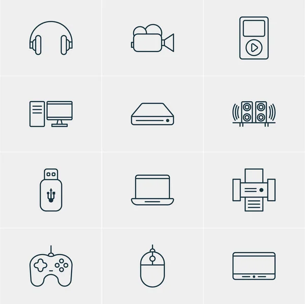 Illustration vectorielle de 12 icônes accessoires. Pack modifiable de haut-parleur, Joypad, contrôleur de médias et autres éléments . — Image vectorielle