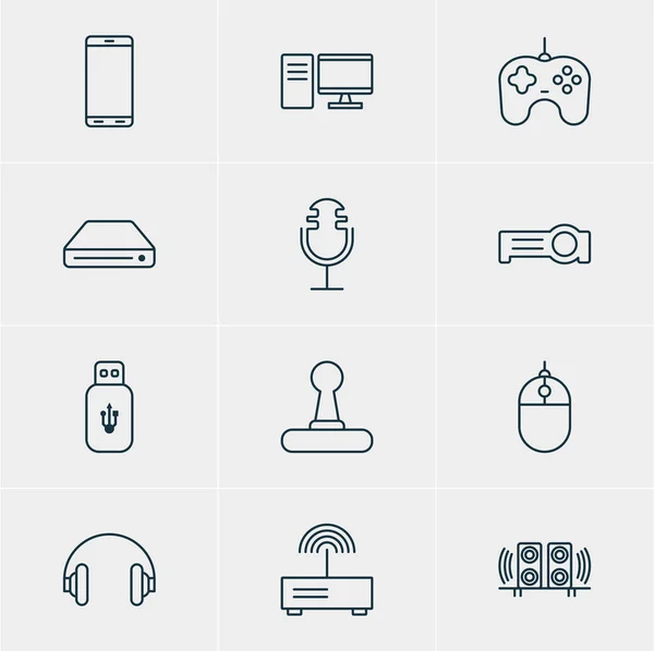 Illustration vectorielle de 12 icônes technologiques. Pack modifiable de stockage de mémoire, modem, joypad et autres éléments . — Image vectorielle