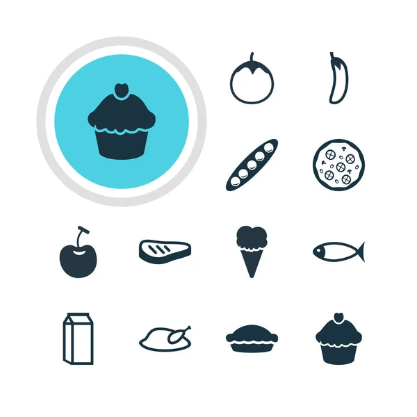 Ilustración vectorial de 12 iconos de cocina. Paquete editable de helado, carne asada, magdalena y otros elementos . — Vector de stock