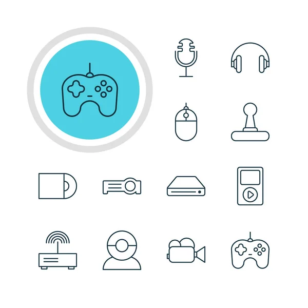 Ilustración vectorial de 12 iconos de dispositivos. Paquete editable de Joypad, unidad de DVD, videocámara y otros elementos . — Archivo Imágenes Vectoriales