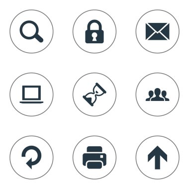 9 basit uygulama simgeler kümesi. Büyüteç, defter, kum sayacı gibi öğeleri bulunabilir.