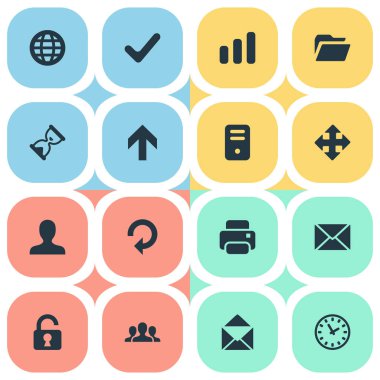 16 basit uygulama simgeler kümesi. Bilgisayar Kasası, yazıcı çıktısı, izlemek ve diğer gibi öğeleri bulunabilir.