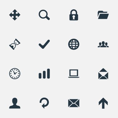 16 basit uygulama simgeler kümesi. Zarf, kum zamanlayıcı, istatistik gibi öğeleri bulunabilir.