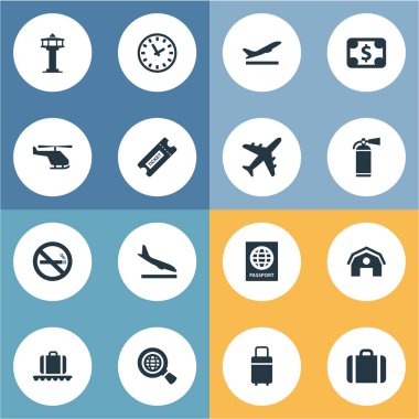 16 basit uçak simgeler kümesi. Hava taşımacılığı, sertifika vatandaşlık, Bagaj atlıkarınca ve diğer gibi öğeleri bulunabilir.