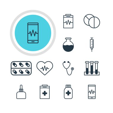 12 sağlık simgeler vektör Illustration. Düzenlenebilir paket ilaç sürahi, Phone Monitor, tıp kavanoz ve diğer öğeleri.